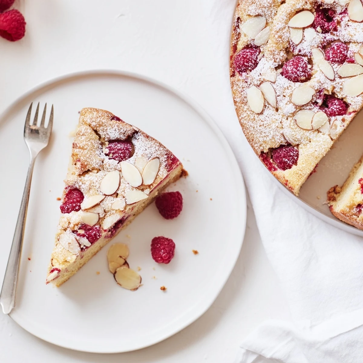 Moist almond raspberry cake topped with toasted sliced almonds and garnished with red berries