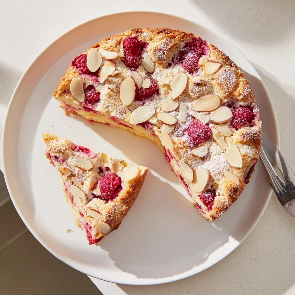 Golden almond raspberry cake slice dusted with powdered sugar and fresh raspberries on white plate