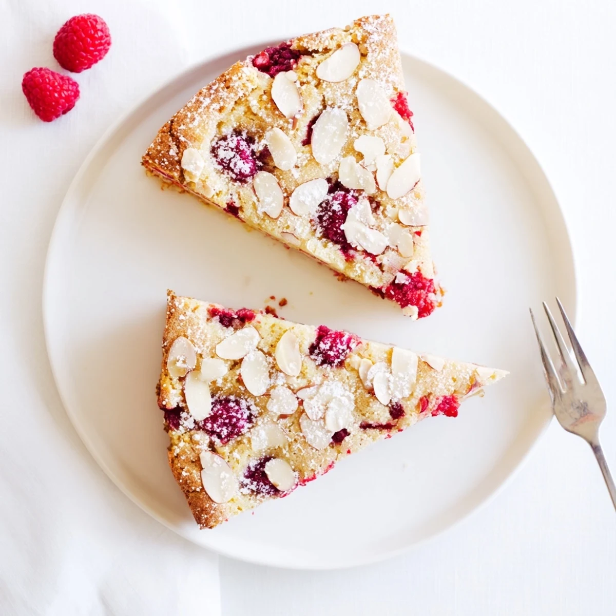 Homemade almond raspberry cake dessert served with whipped cream and extra fresh raspberries