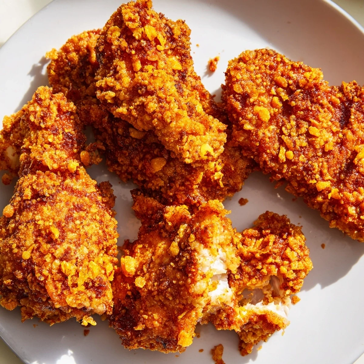 Plate of fried chicken featuring crunchy cornmeal crust speckled with fresh chopped jalapeño peppers