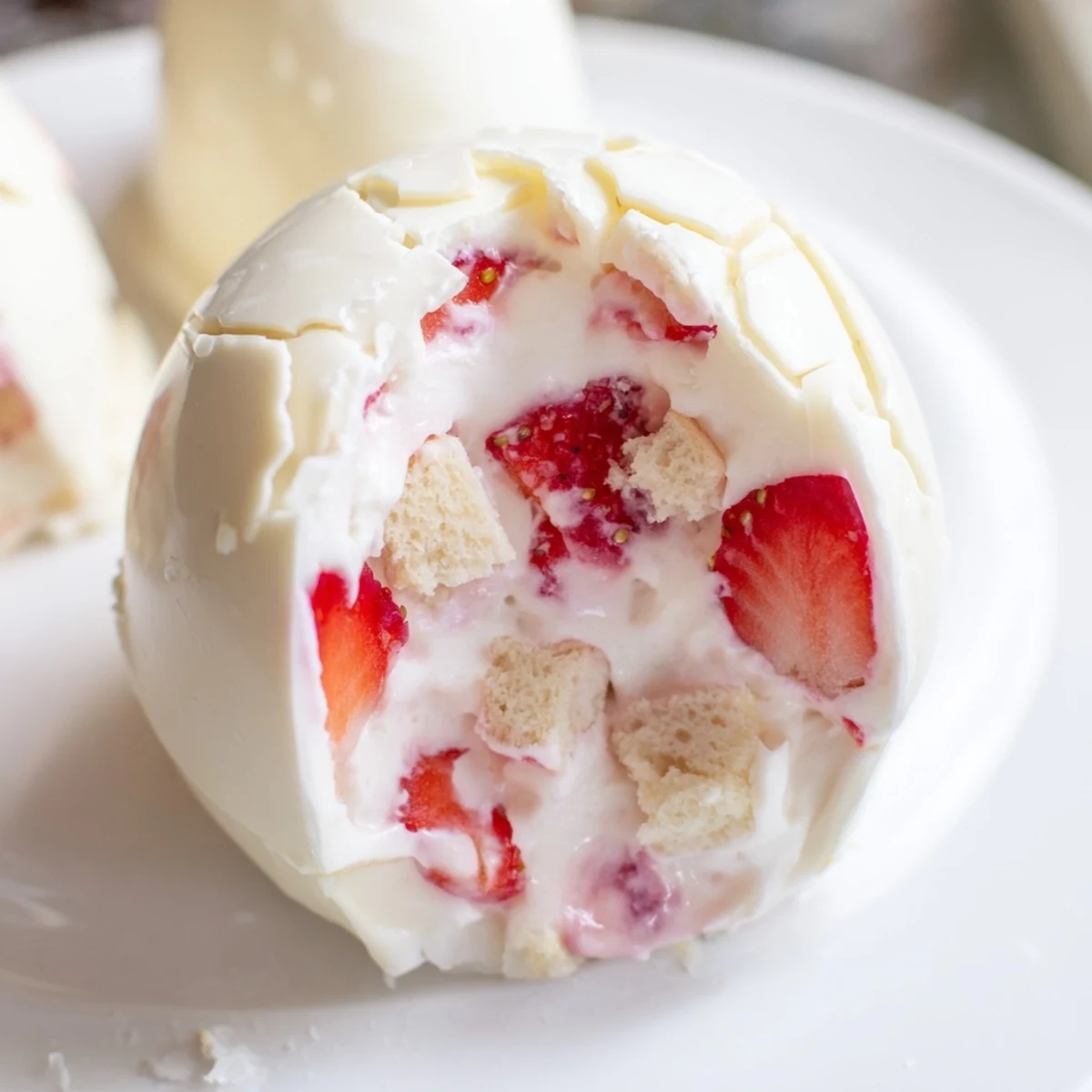 White chocolate Easter egg bombs filled with fluffy strawberry shortcake and sweet whipped cream