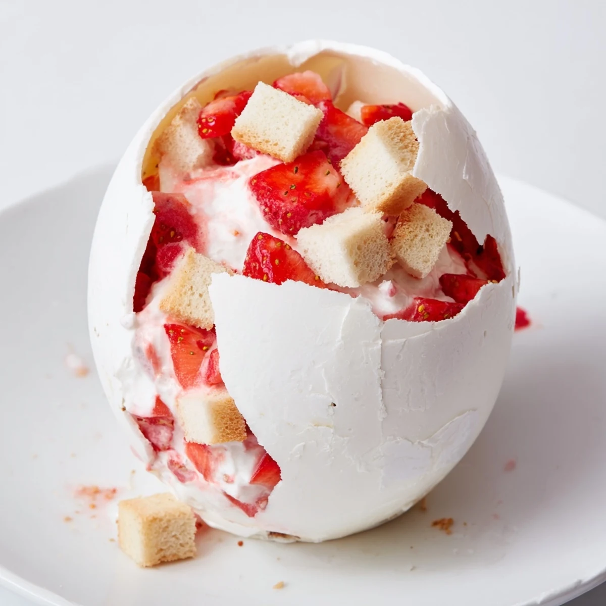 Festive dessert featuring creamy strawberry shortcake mixture inside white chocolate Easter egg shells