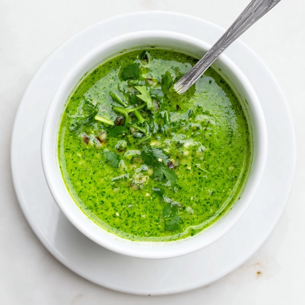 Creamy Thai cilantro sauce with fresh herbs and lime in glass serving bowl