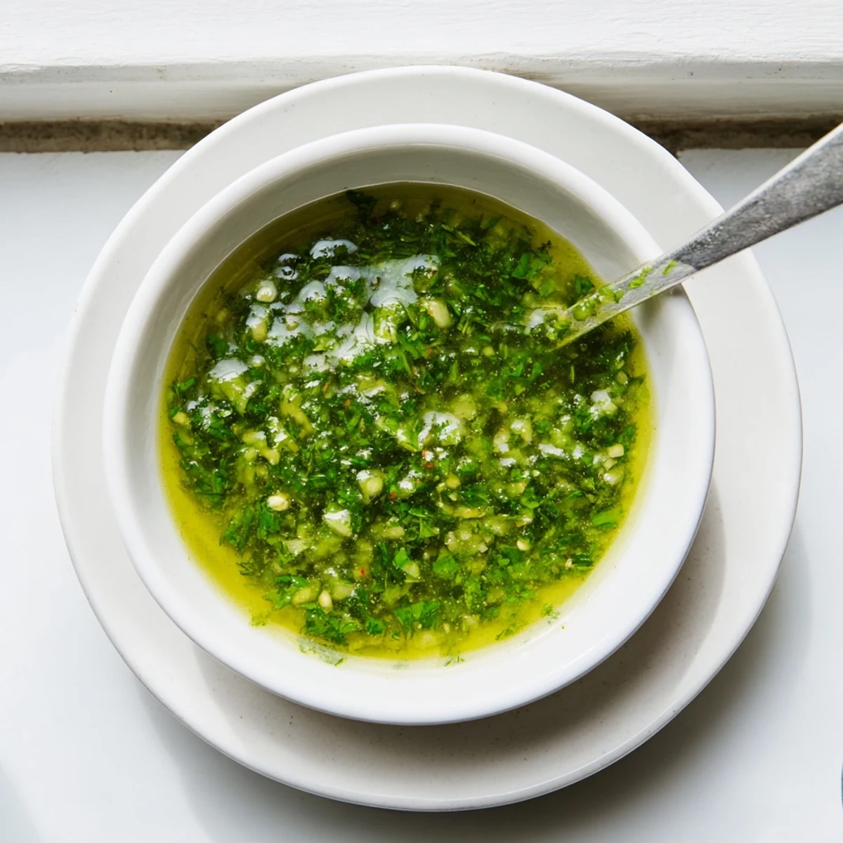 Homemade Thai cilantro sauce dipping sauce for spring rolls with vibrant green color