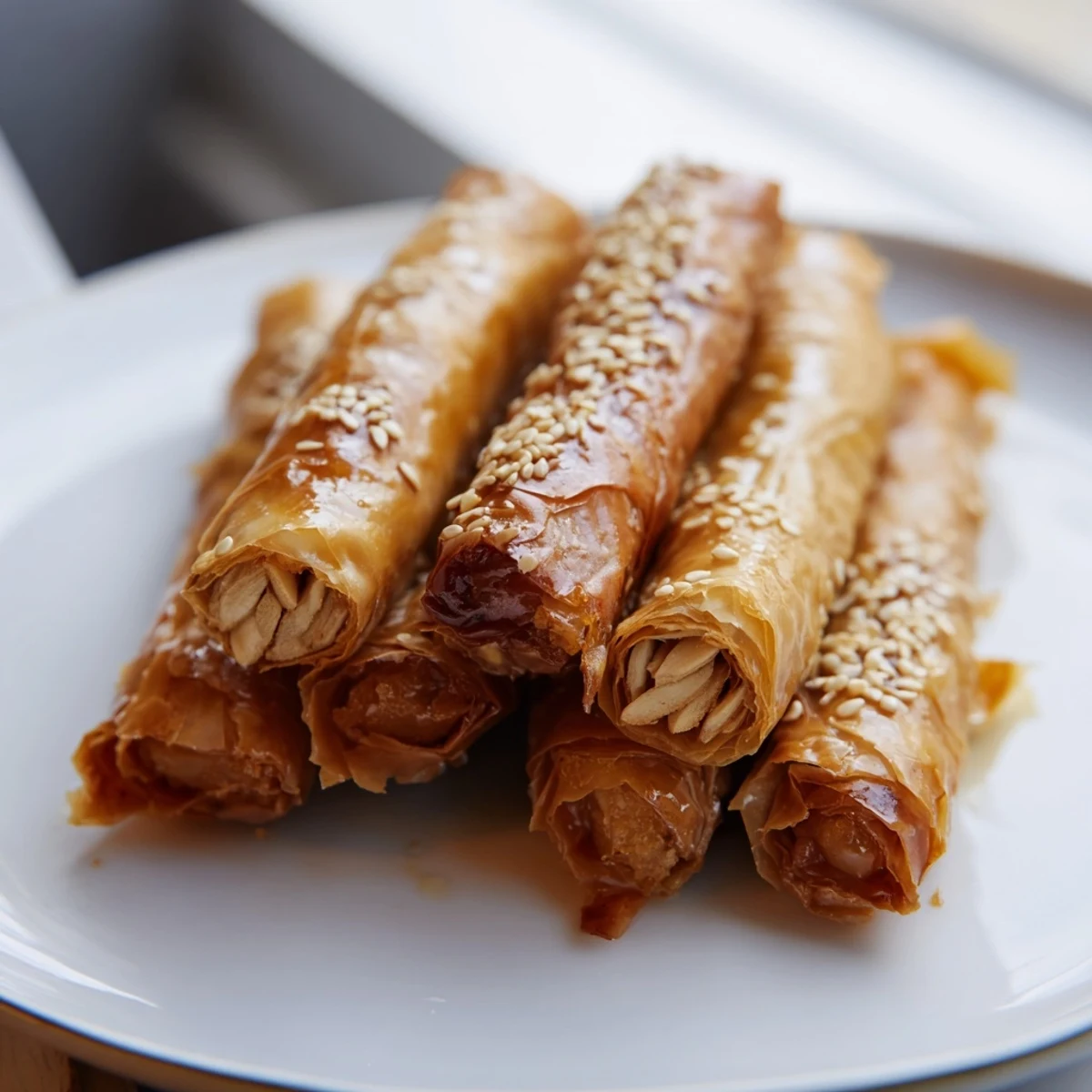 Golden Moroccan honey almond cigars arranged on a white serving plate with sesame seed garnish