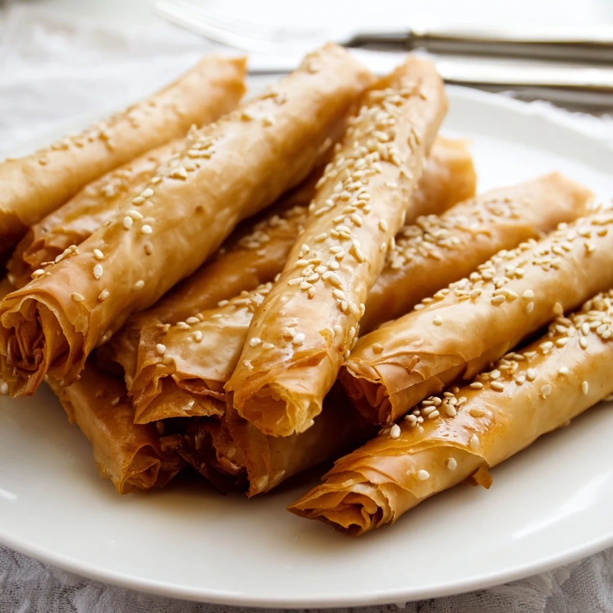 Crisp phyllo pastry rolls filled with sweet almond paste glistening with warm honey syrup coating