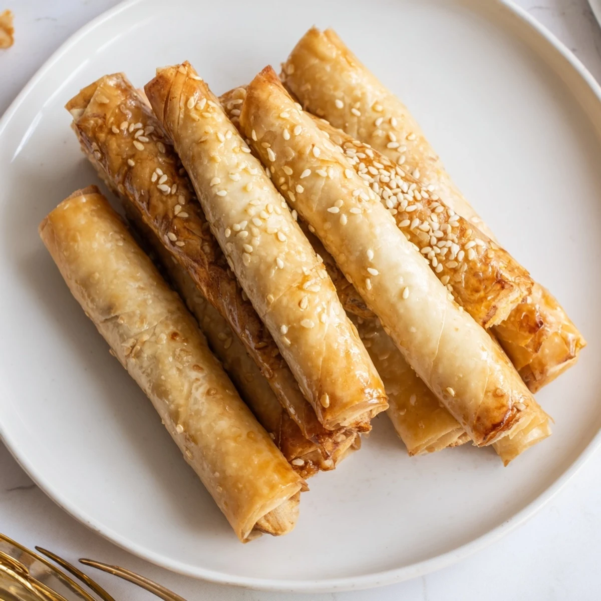 Homemade Moroccan almond cigars brushed with melted butter and sprinkled with toasted sesame seeds