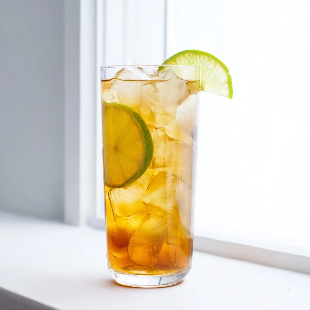 Golden Thai lime iced tea with fresh lime slice garnish served over ice in tall glass