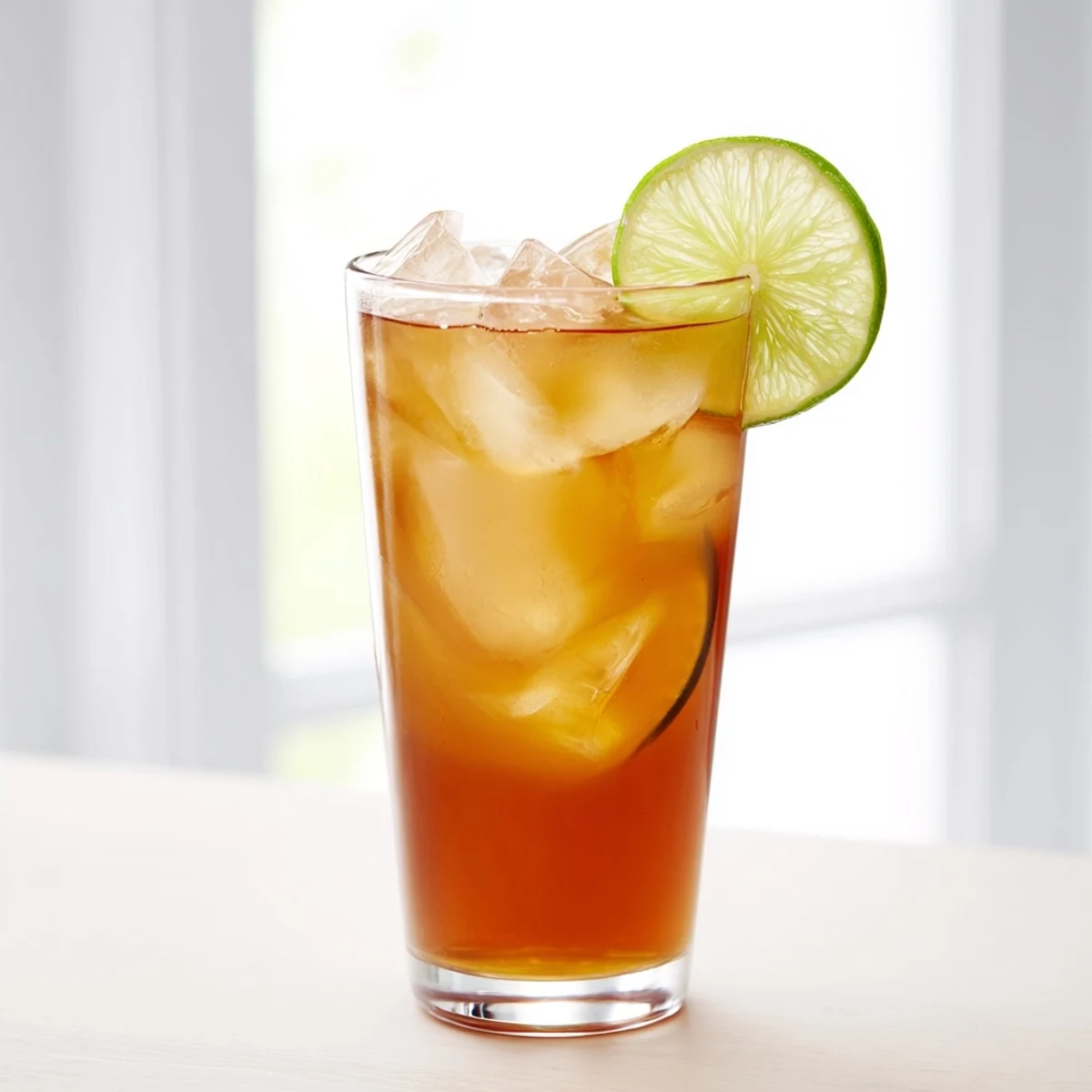 Tangy Thai lime iced tea over ice cubes with bright green lime wheel on rim