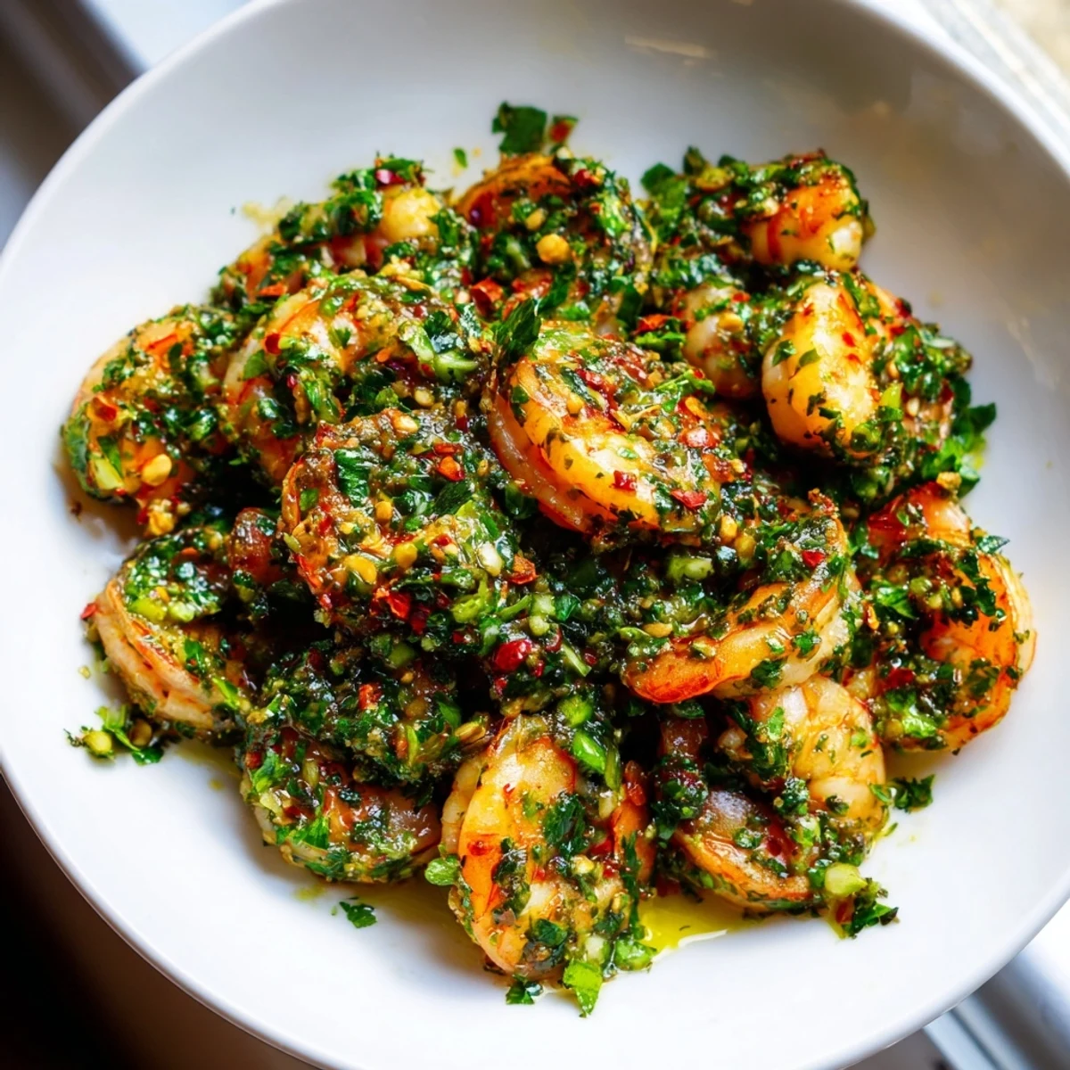 Sizzling skillet of juicy chimichurri shrimp garnished with parsley and red pepper flakes