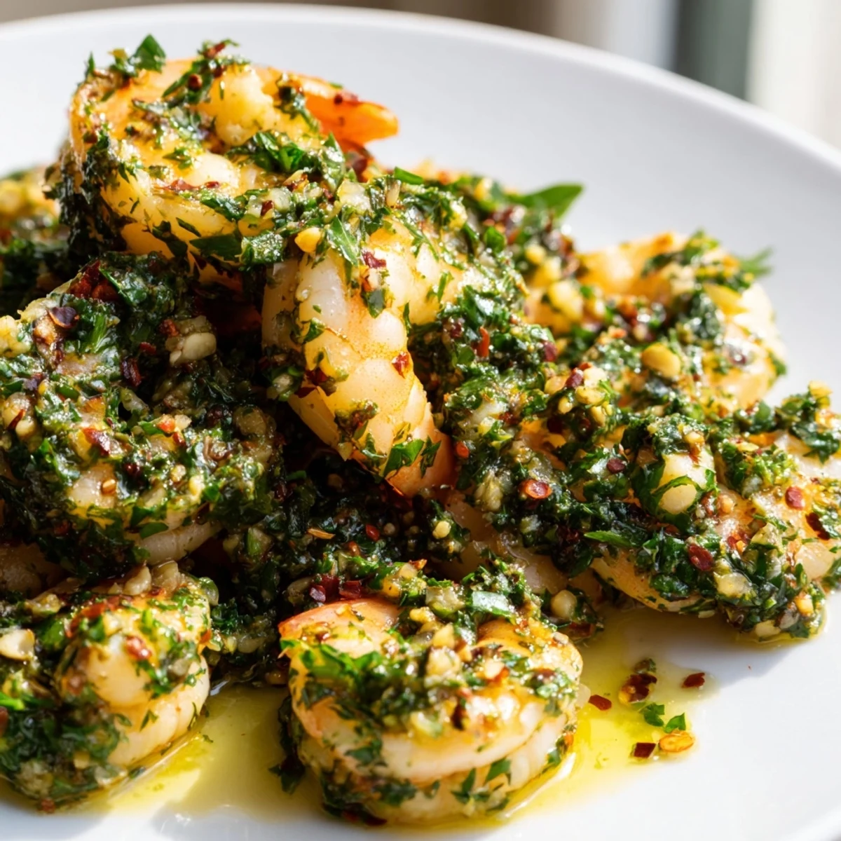 Golden pan seared shrimp coated in vibrant green chimichurri sauce with fresh herbs