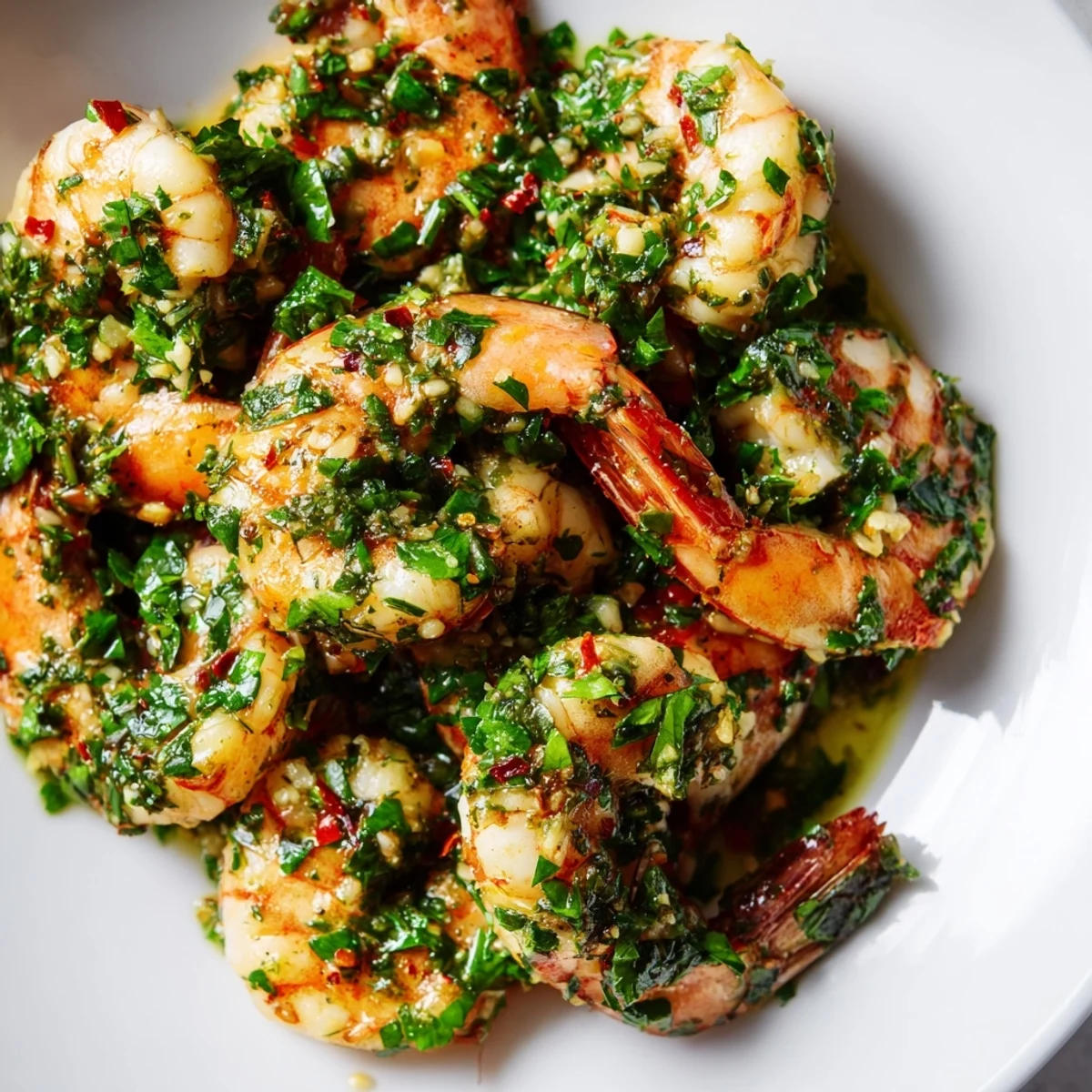 Platter of tender pan seared shrimp drizzled with zesty homemade chimichurri sauce