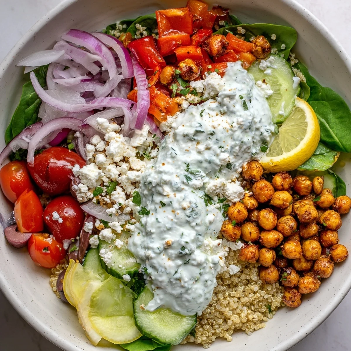 Colorful Greek power bowls with fresh vegetables, quinoa, chickpeas, and creamy tzatziki sauce