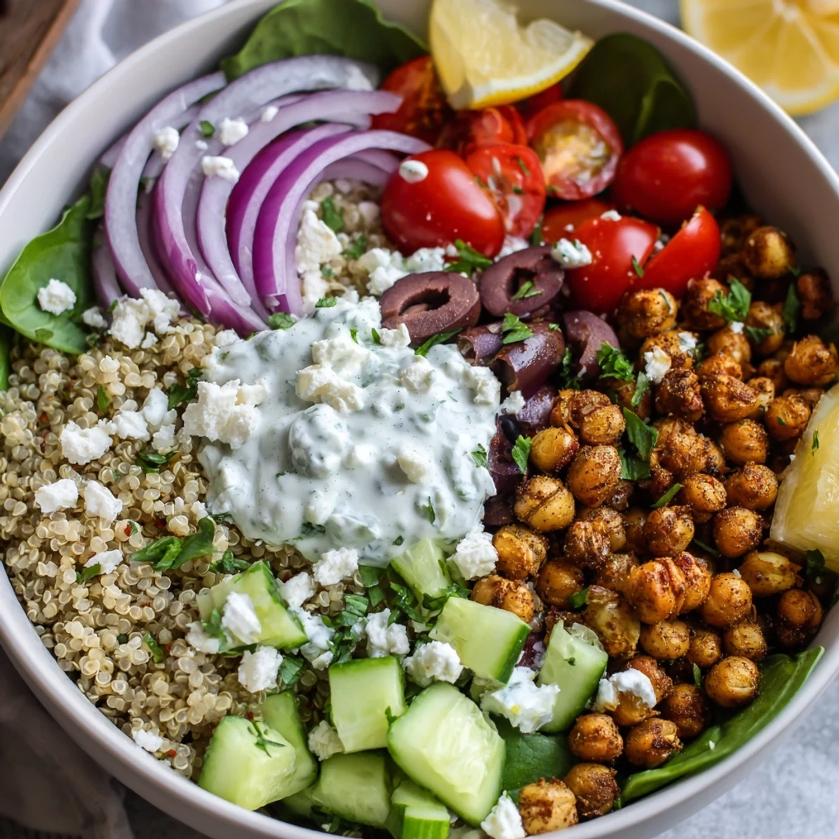 Healthy Greek power bowls featuring roasted chickpeas, crisp veggies, feta cheese, and tzatziki