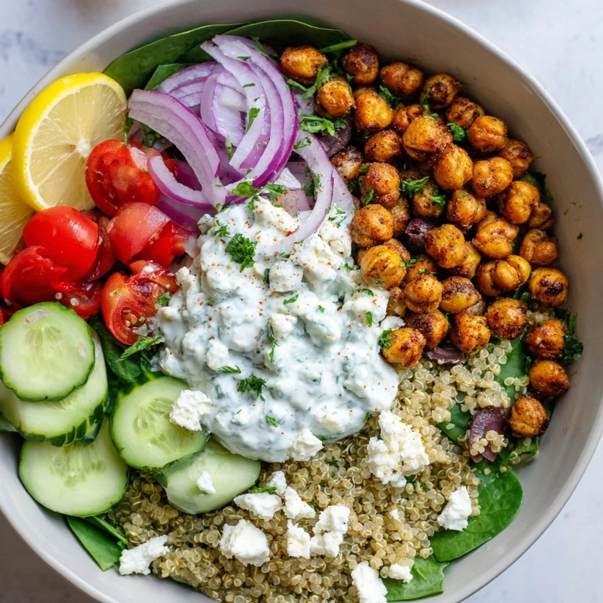 Nourishing Greek power bowls arranged with quinoa base, tomatoes, olives, and herbed yogurt sauce