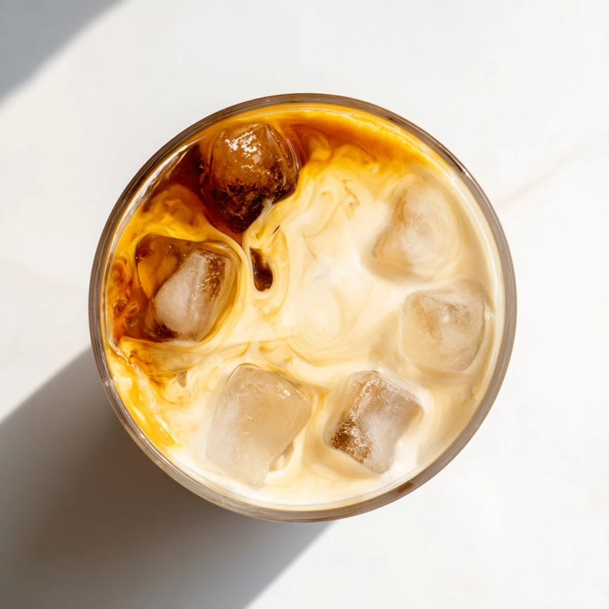 Creamy Okinawa milk tea poured over ice in a tall glass with rich caramel swirls