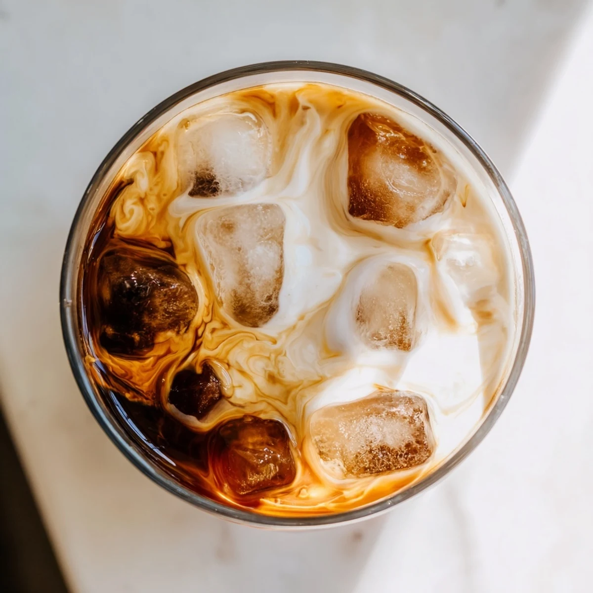 Golden brown Japanese milk tea with melting ice cubes showcasing its deep roasted sugar flavor