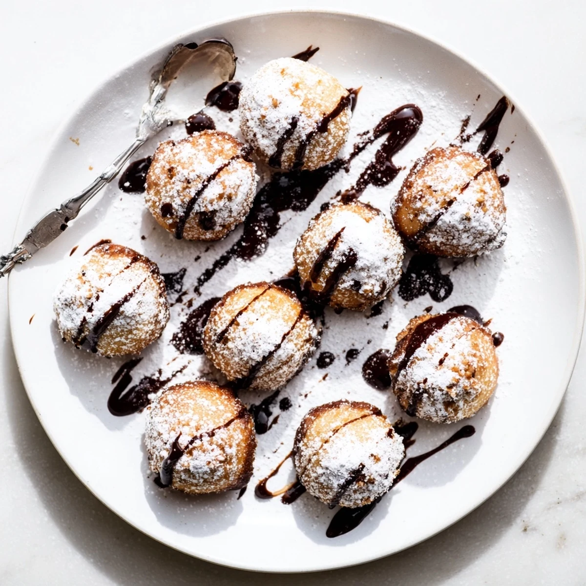 Crispy deep fried marshmallows on serving platter with caramel sauce and fresh berries