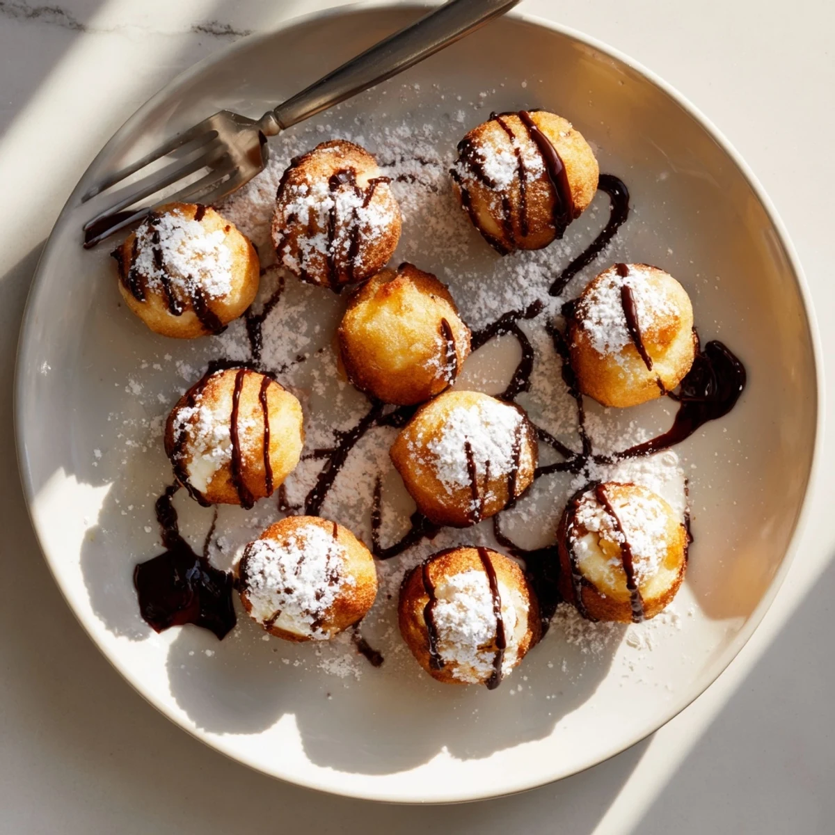 Golden deep fried marshmallows with crispy batter and powdered sugar dusting on white plate