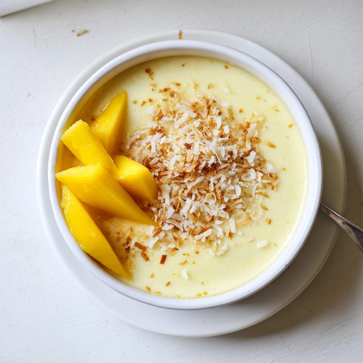 Golden Thai coconut custard steamed in white ramekins topped with toasted coconut flakes