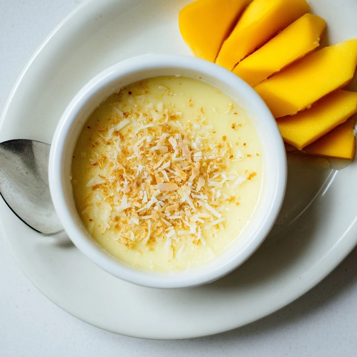 Silky smooth Thai coconut custard dessert garnished with fresh mango slices and shredded coconut