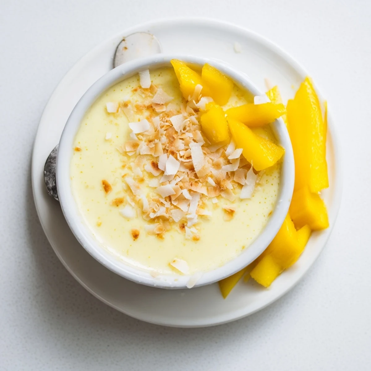 Creamy Thai coconut custard served chilled with coconut topping and tropical fruit garnish