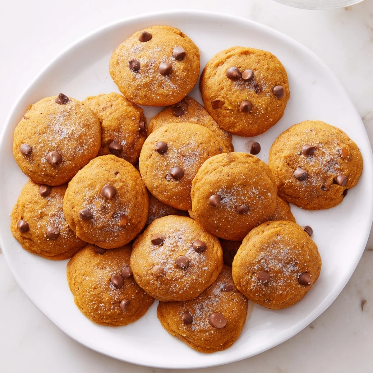 Batch of tender soft pumpkin cookies with rounded tops freshly baked from oven