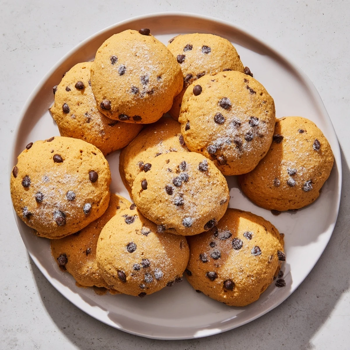 Cake-like soft pumpkin cookies dotted with chocolate chips on a wooden board