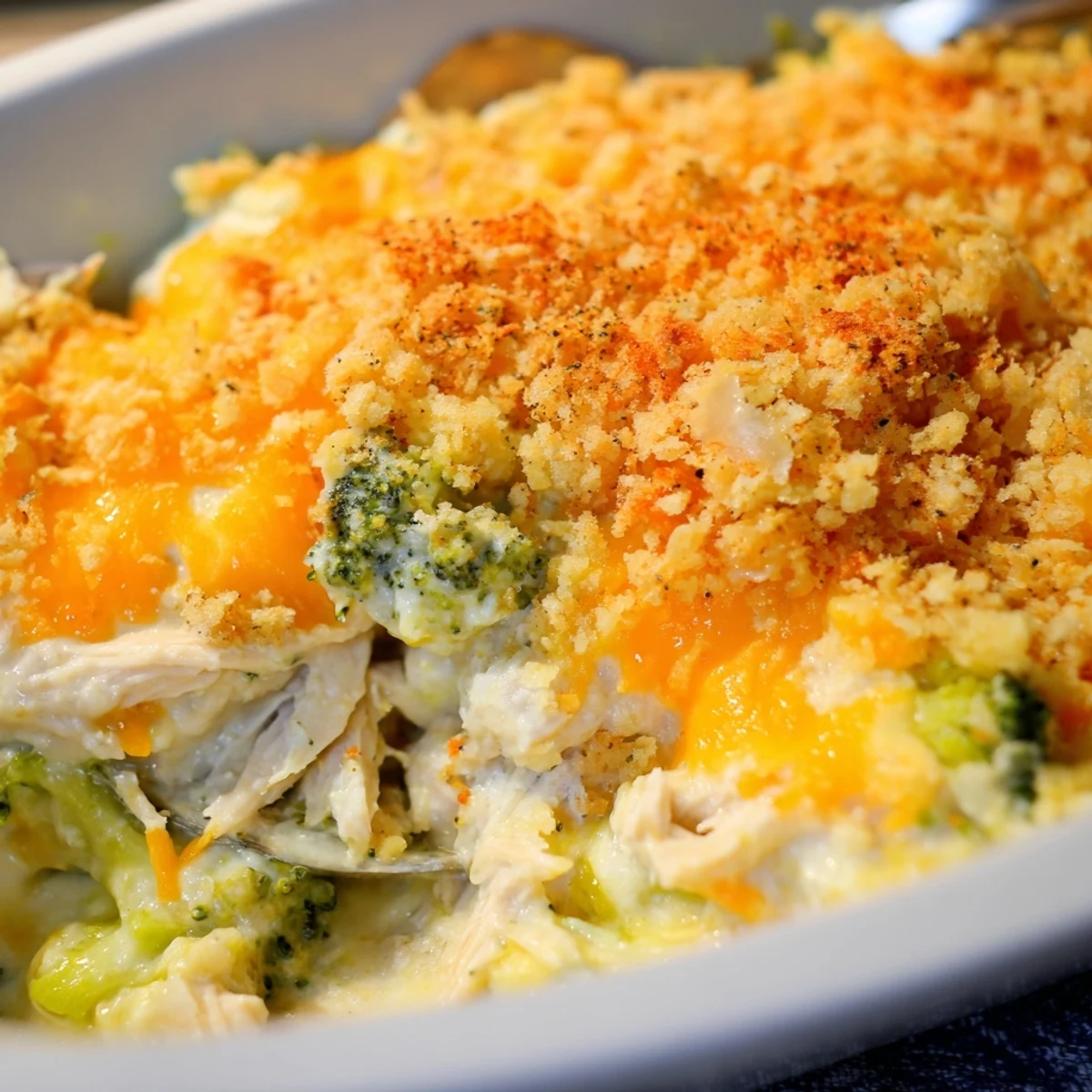 Creamy baked chicken broccoli casserole with tender broccoli florets in a rich cheesy sauce