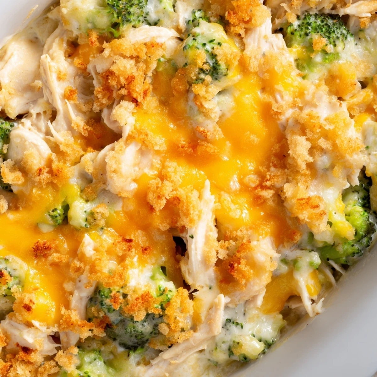 Golden bubbling chicken broccoli casserole topped with crispy buttered breadcrumbs and melted cheddar