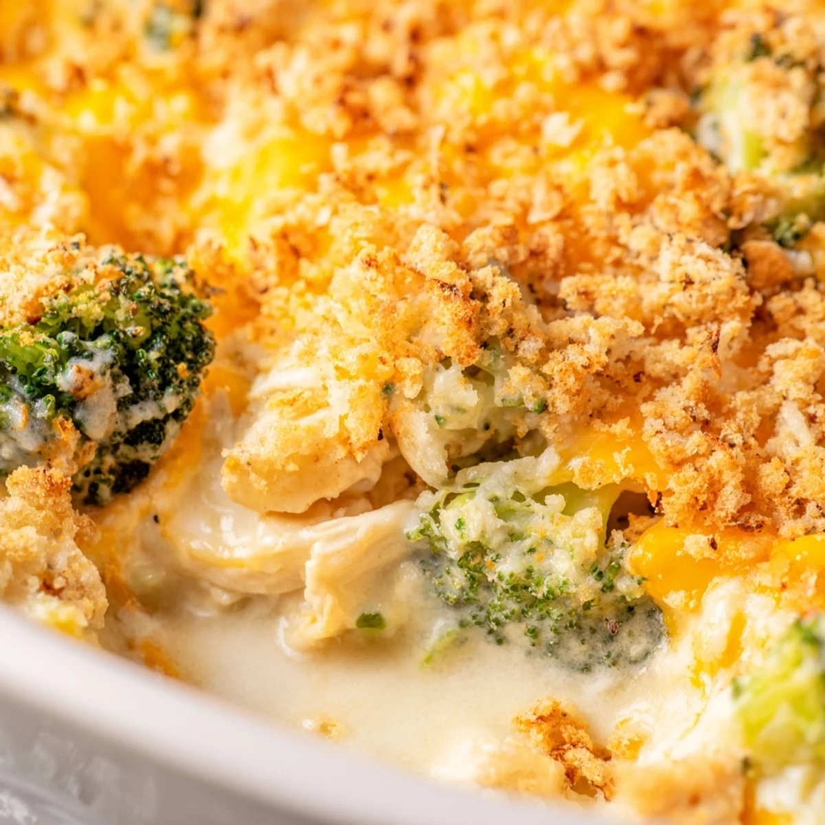 Family style chicken broccoli casserole fresh from the oven with golden brown panko topping