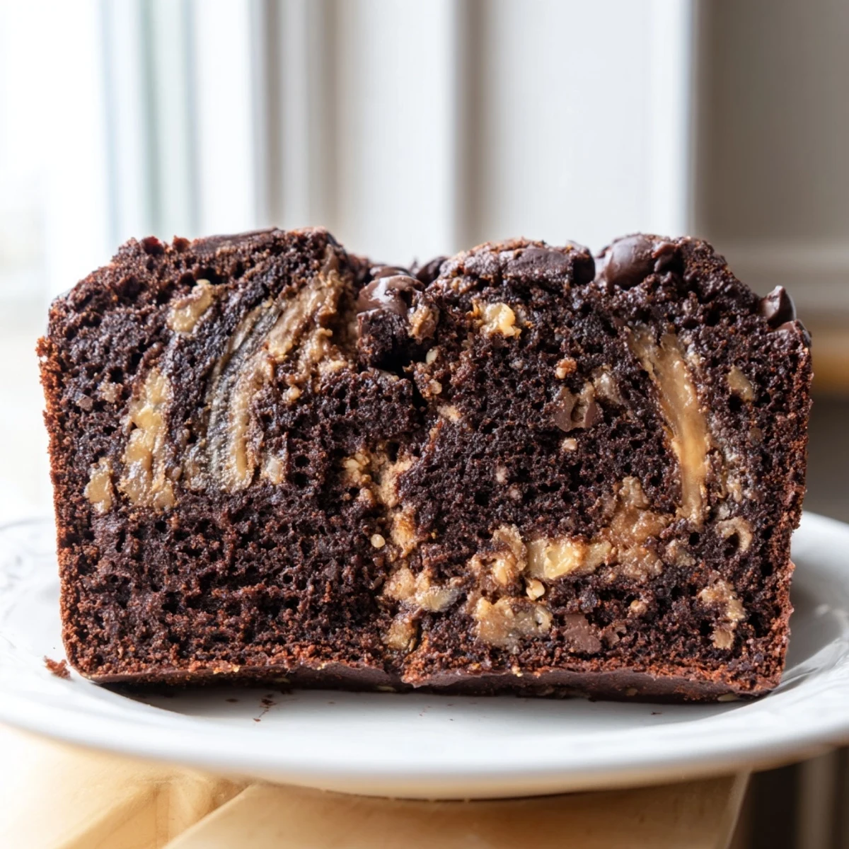 Moist banana bread loaf studded with chocolate chips and swirled with creamy peanut butter topping