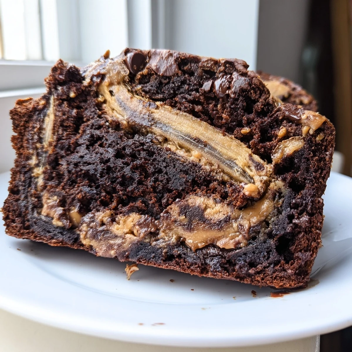 Thick slice of chocolate peanut butter banana bread with melty chips and peanut butter swirl