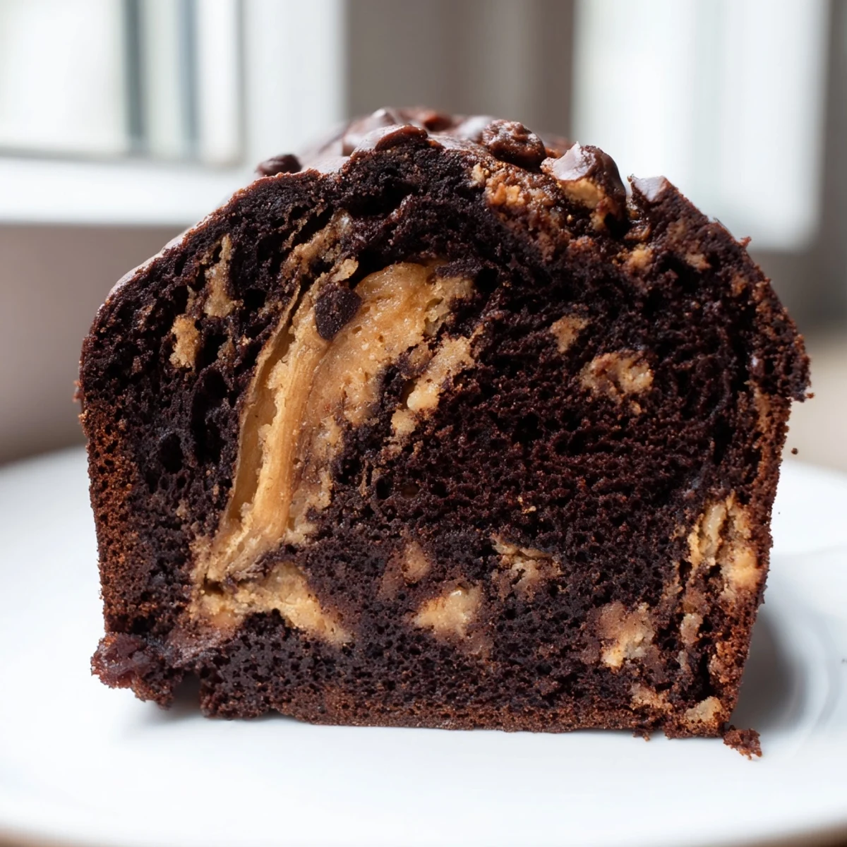 Decadent chocolate peanut butter banana bread slice on a white plate, perfect for breakfast or dessert