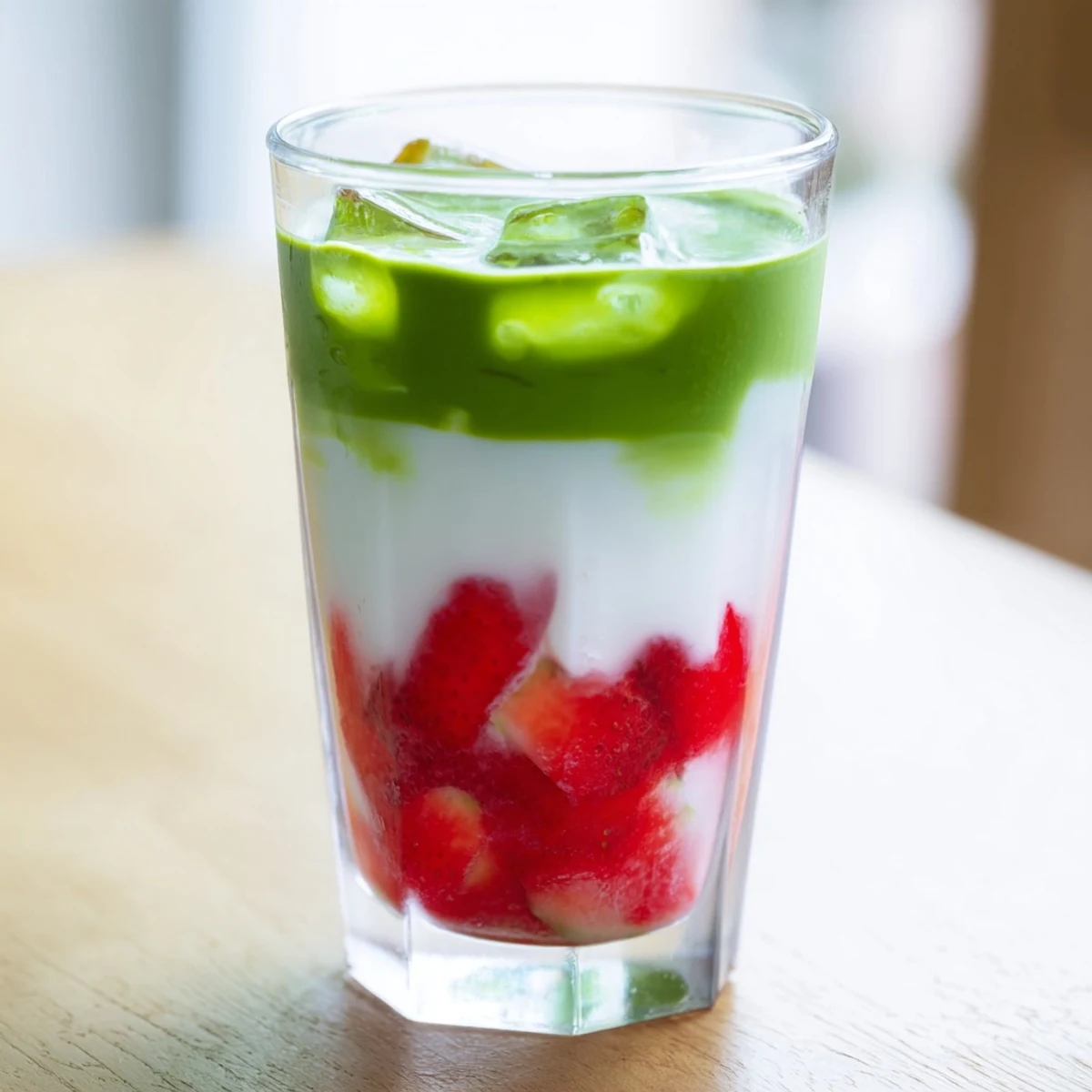 Refreshing strawberry matcha latte showing distinct colorful layers of fruit, frothy green tea, and cold milk in a tall clear glass