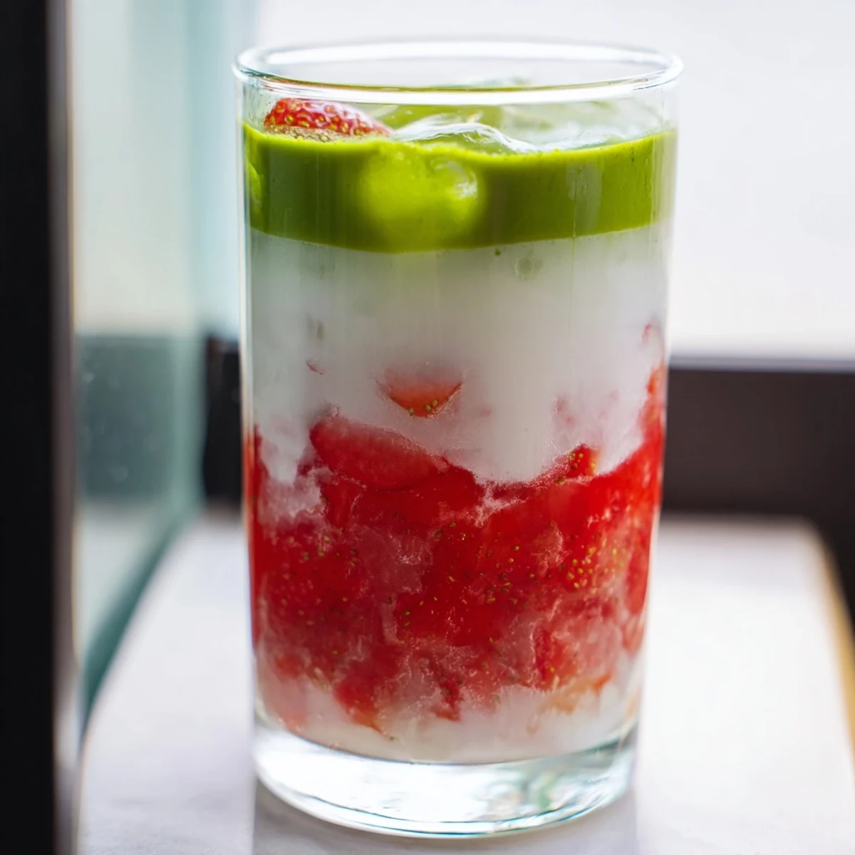 Beautiful layered strawberry matcha latte featuring bright red strawberry base, smooth milk middle, and vibrant green matcha top with ice cubes