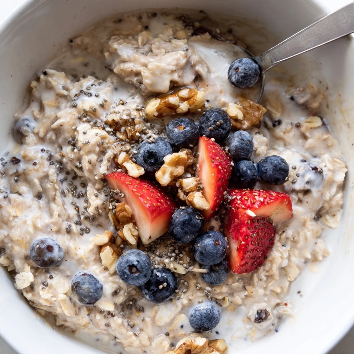 Creamy brown sugar overnight oats topped with fresh berries and crunchy nuts in a glass jar