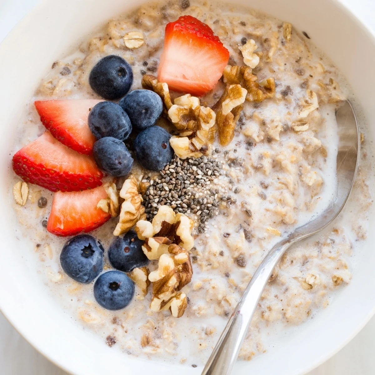 Spoonful of rich brown sugar overnight oats with vanilla yogurt and banana slices ready to eat