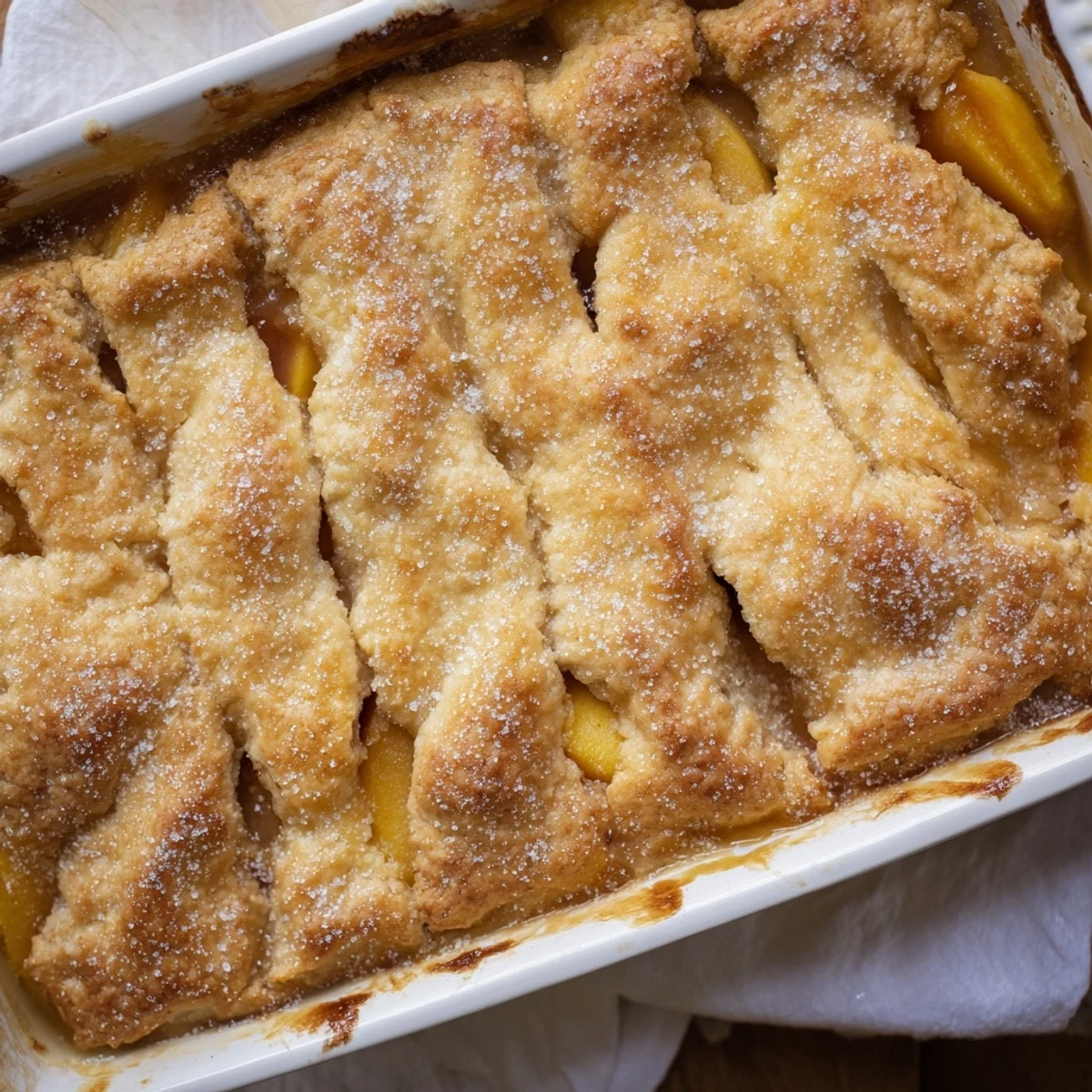 Golden peach cobbler with bubbling fruit filling under a buttery, flaky baked crust