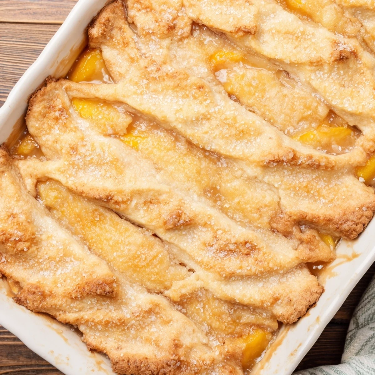 Classic peach cobbler served warm with steam rising from the golden pastry topping