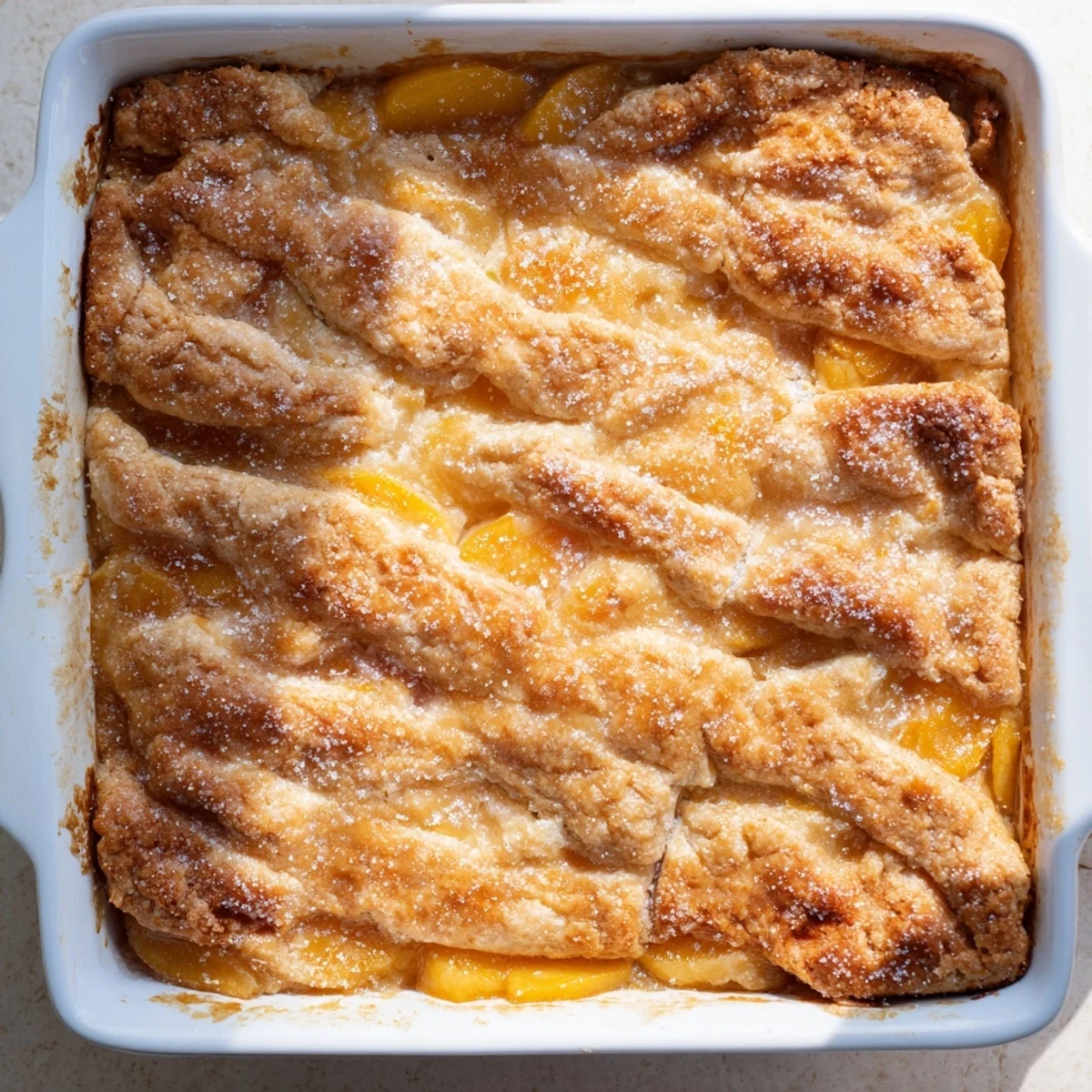 Southern-style peach cobbler featuring juicy spiced peaches beneath a crisp, sugared crust layer