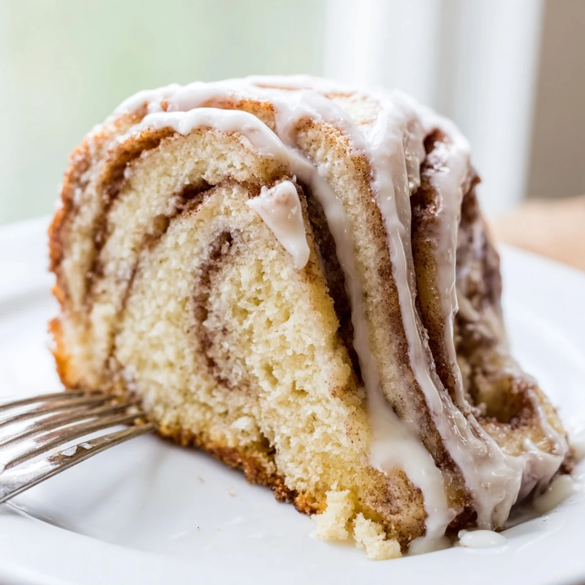 Golden swirled cinnamon roll cake with ribbons of brown sugar spice and sweet white glaze drizzling over a fluffy, buttery breakfast cake slice
