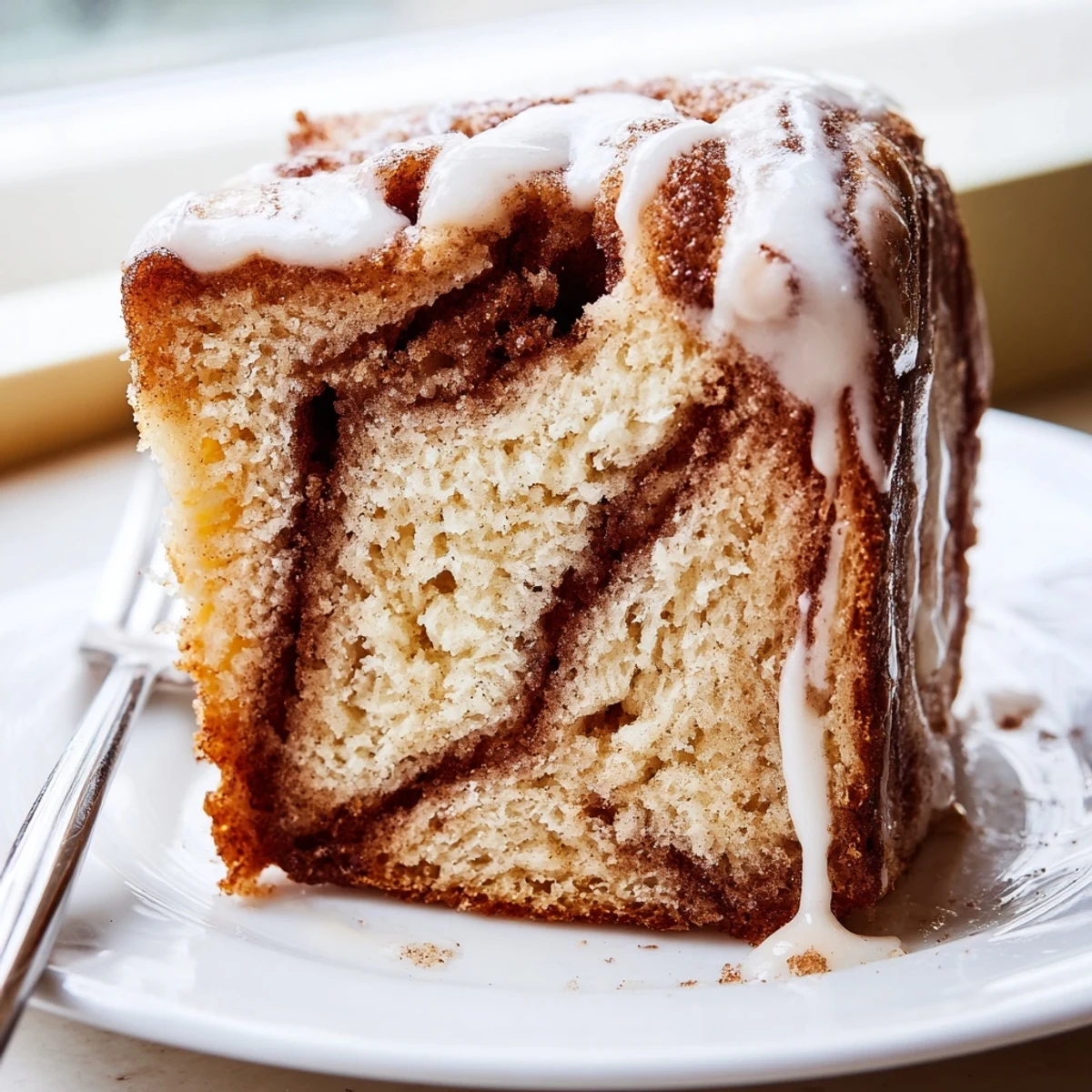 Soft baked cinnamon roll cake featuring marbled cinnamon sugar swirls topped with silky vanilla glaze on a rustic serving plate