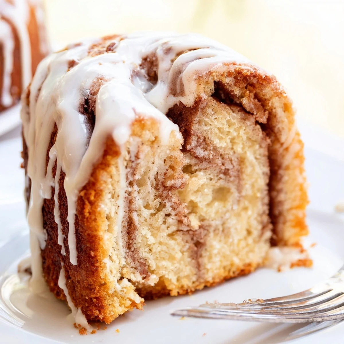 Warm cinnamon roll cake displaying beautiful spirals of spiced filling beneath a creamy powdered sugar glaze, perfect for weekend brunch