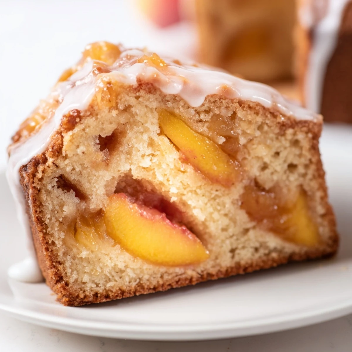 Golden peach cobbler pound cake drizzled with white vanilla glaze on a serving platter