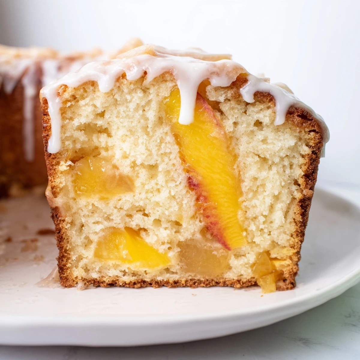 Thick slice of buttery peach cobbler pound cake showcasing juicy peach pieces inside