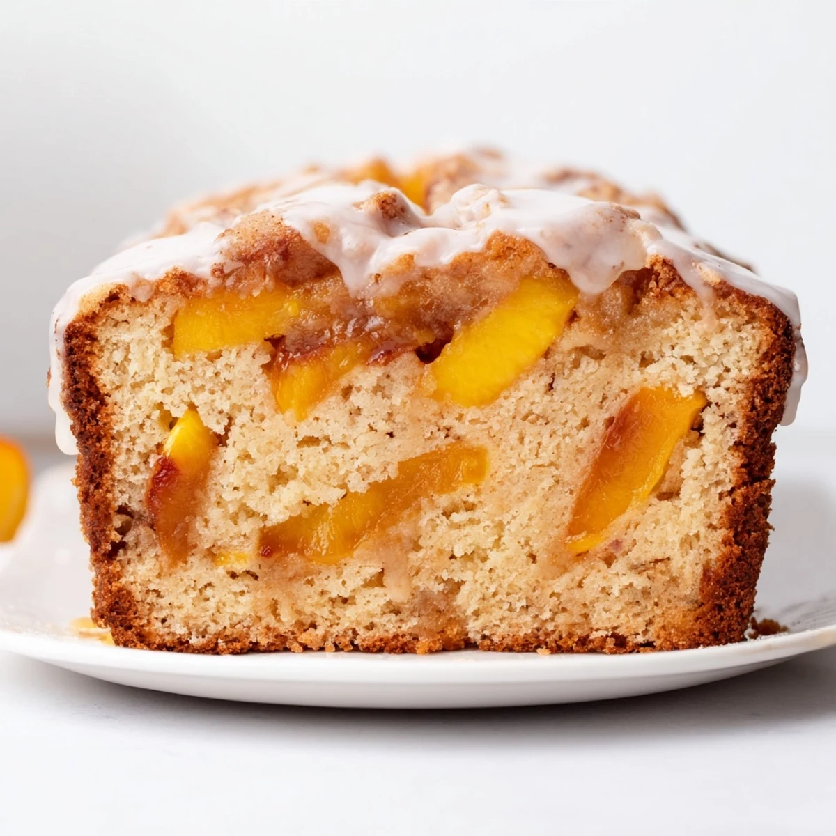 Decadent bundt cake with spiced peach layers and sweet vanilla icing on wooden board