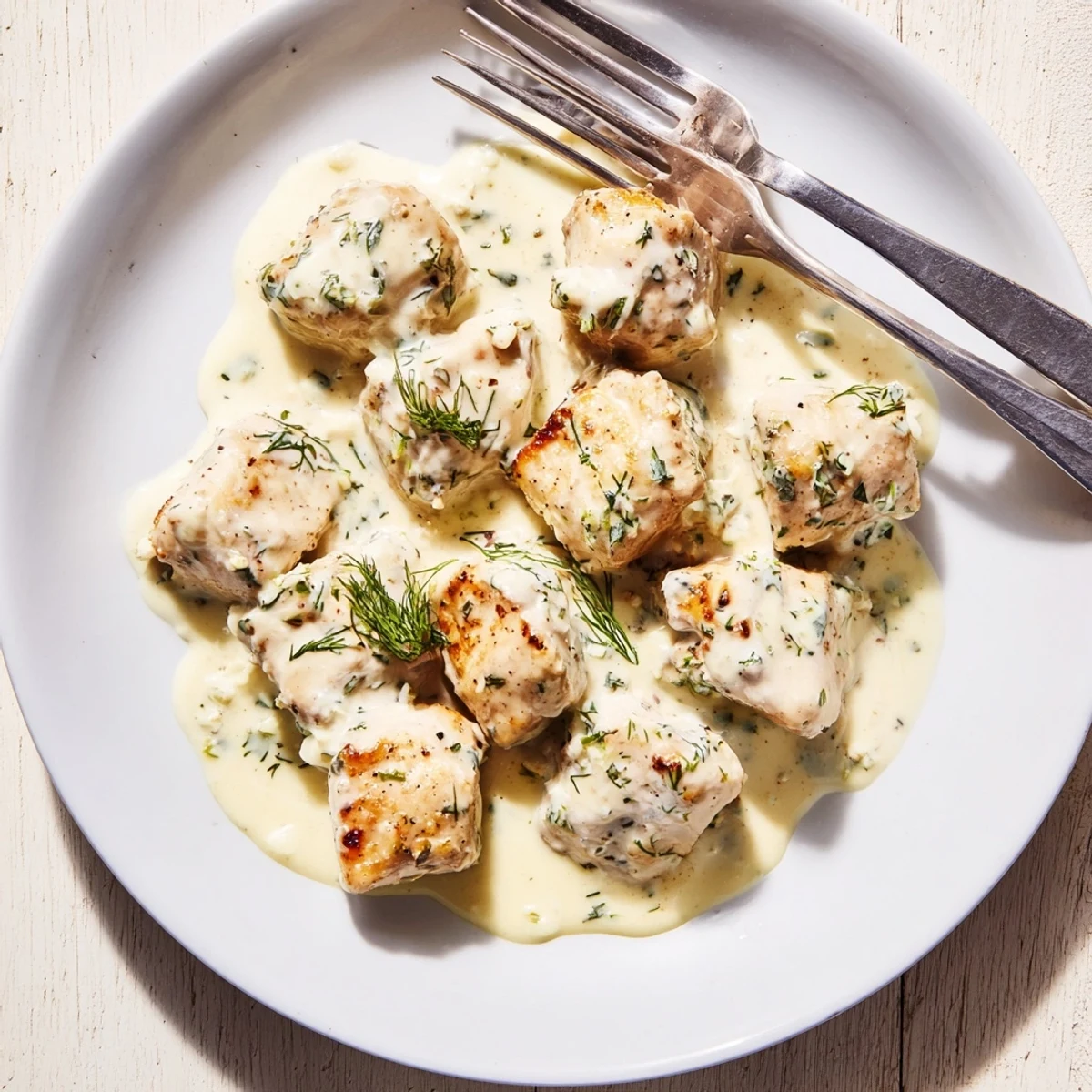 Golden brown chicken breasts swimming in a velvety white dill cream sauce with fresh herb garnish