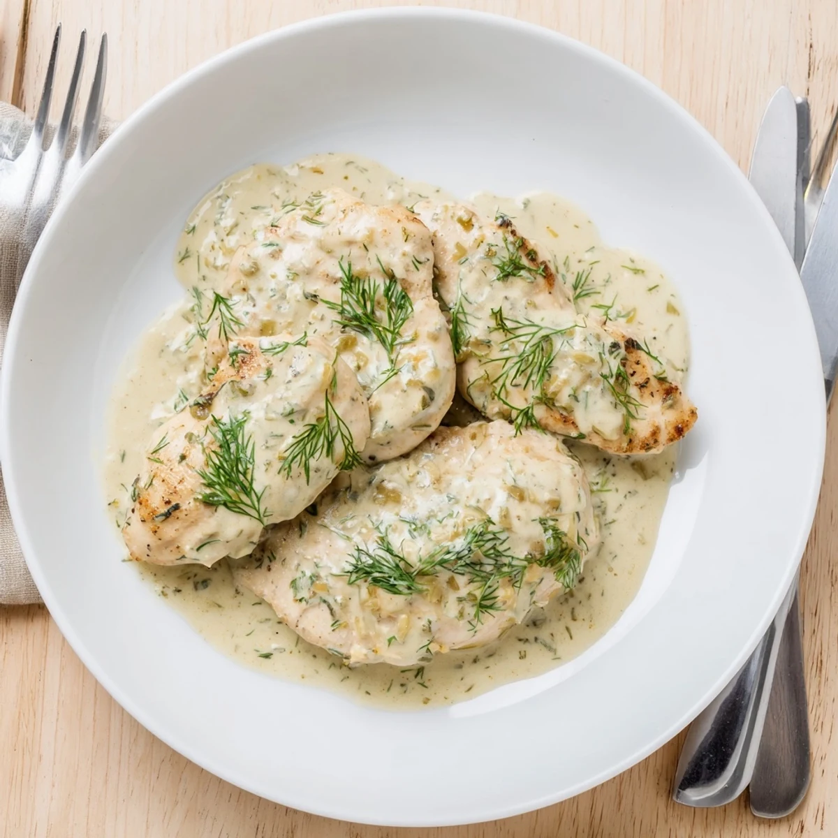 Comforting creamy dill chicken dish featuring golden seared poultry in luxurious herb-infused cream sauce