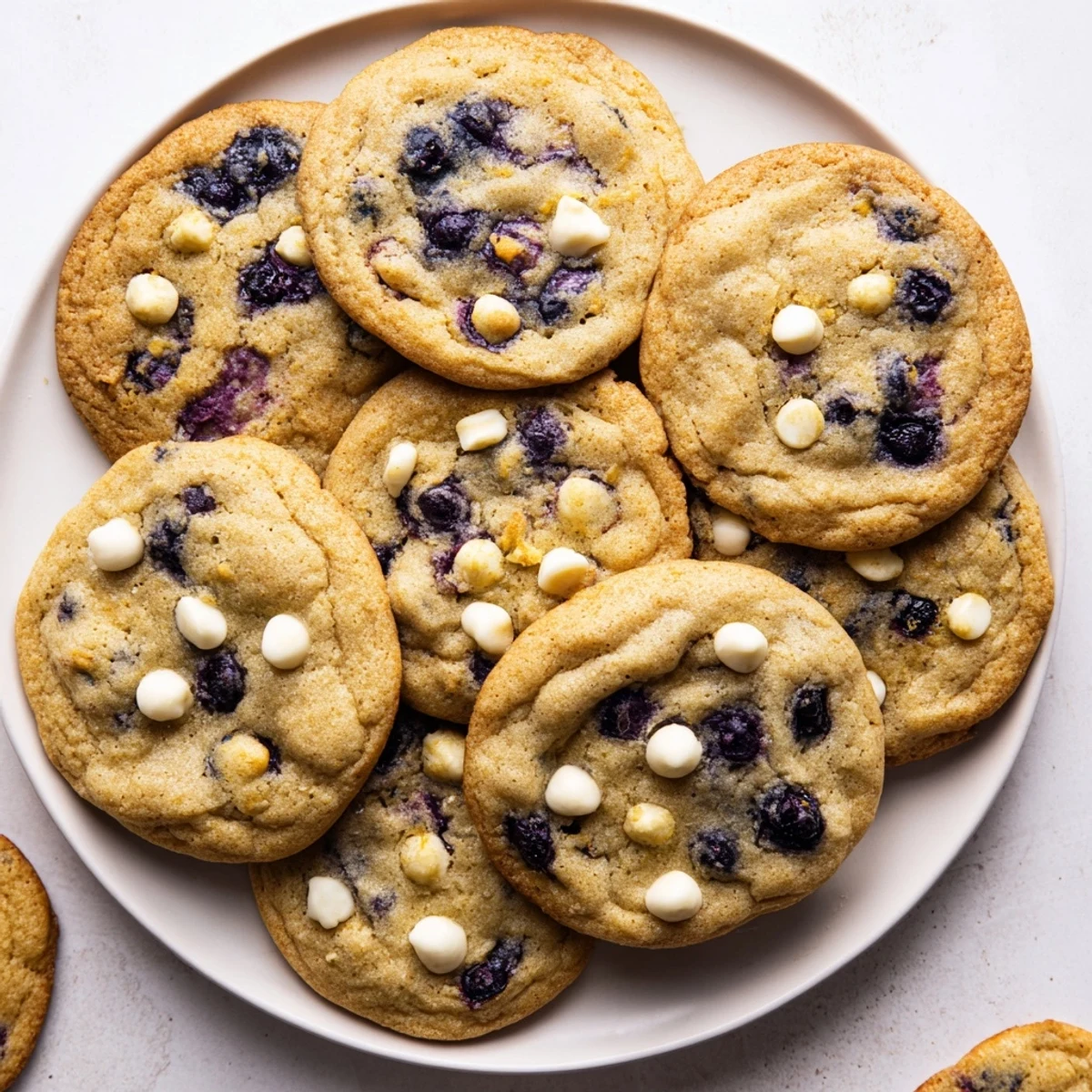 Golden chewy lemon blueberry cookies on a wire cooling rack with scattered powdered sugar